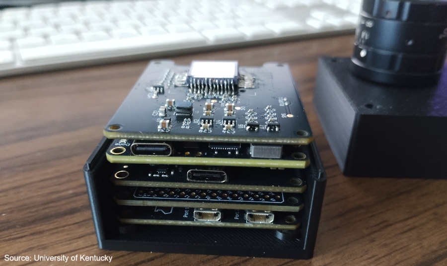 The BYOP camera: a stack of four boards in a 3D-printed enclosure, with USB-C and HDMI ports visible on the edge connectors, and the assembled camera and lens behind it.