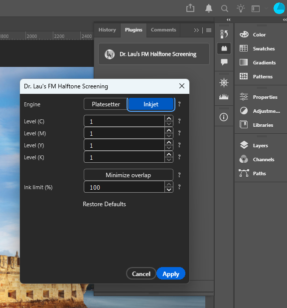 Plugin panel with the Inkjet engine selected