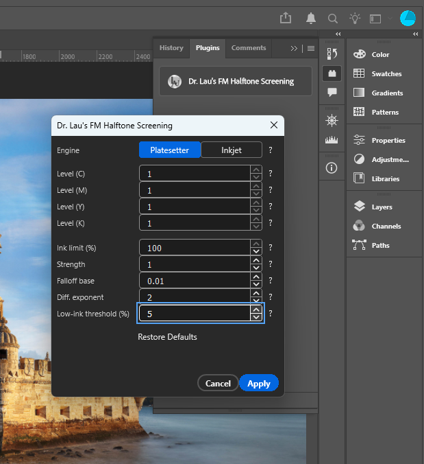 Plugin panel with the Platesetter engine selected