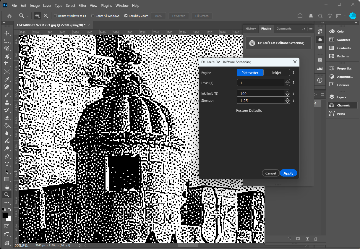 A grayscale image dithered with the Platesetter error-diffusion screen